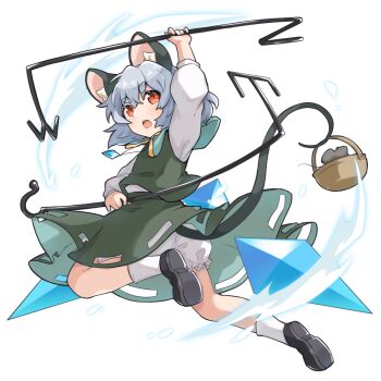 1girl animal_ear_fluff animal_ears black_shoes bloomers blue_capelet blue_gemstone capelet dowsing_rod full_body game_cg gem grey_hair hakurei_frontier_spell_strive holding holding_with_tail jewelry long_sleeves looking_at_viewer mouse_(animal) mouse_ears mouse_girl mouse_tail nazrin official_art open_mouth pendant prehensile_tail red_eyes shoes skirt smile socks solo tail take_no_ko_(4919400) third-party_source touhou transparent_background underwear upskirt vest white_bloomers white_socks