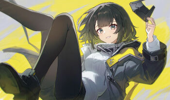 Rule 34 | 1girl, arknights, arknights: endfield, black coat, black hair, black mask, black pantyhose, blindfold mask, coat, endministrator (arknights), female endministrator (arknights), highres, holding, holding mask, looking at viewer, mask, no mask, open clothes, open coat, pantyhose, shali, short hair, smile, sweater, white sweater