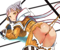 Rule 34 | 1girl, ass, brown hair, jumpsuit, long sleeves, looking at viewer, looking back, nia (xenoblade), no panties, open mouth, shadow, short hair, shougakusei, simple background, solo, torn clothes, white background, white hood, xenoblade chronicles (series), xenoblade chronicles 2, yellow eyes, yellow jumpsuit