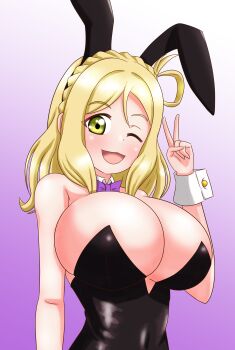 1girl absurdres blonde_hair blush bow braid breasts bursting_breasts cleavage covered_navel gradient_background hair_rings highres huge_breasts long_hair looking_at_viewer love_live! love_live!_sunshine!! marurumadoka matching_hair/eyes ohara_mari one_eye_closed open_mouth playboy_bunny purple_bow rabbit_ears simple_background smile solo upper_body v wink yellow_eyes