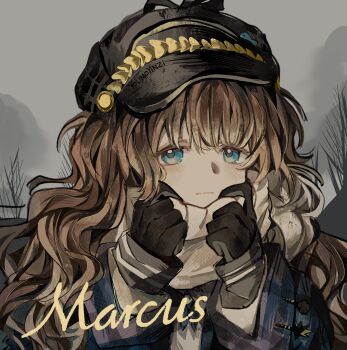 1girl :| adjusting_scarf artist_name black_gloves blue_coat blue_eyes brown_hair character_name chinese_commentary closed_mouth coat commentary_request gloves grey_hat grey_sky hands_up hat highres long_hair looking_at_viewer marcus_(reverse:1999) mole mole_under_eye newsboy_cap reverse:1999 scarf sky solo upper_body white_scarf youmo_yinzi