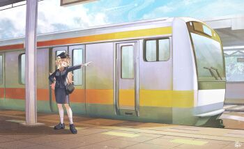 1girl absurdres alternate_costume bag black_bag black_hat black_jacket black_shoes black_skirt blonde_hair bow bowtie commentary_request commission day double_bun full_body gradient_hair green_eyes hair_bun hand_on_own_hip handbag hat highres hololive jacket legzy long_hair momosuzu_nene multicolored_hair one_eye_closed open_mouth orange_bow orange_bowtie outdoors outstretched_arm peaked_cap pencil_skirt pointing pointing_forward purple_hair shoes side_slit skirt smile socks solo train train_conductor train_station train_station_platform two_side_up virtual_youtuber white_socks wide_shot