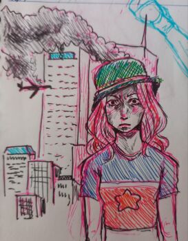 1girl 9/11 bow-wow-wark-wark digimon digimon_adventure helmet long_hair looking_at_viewer meme pink_hair ptsd star_(symbol) tachikawa_mimi traditional_media