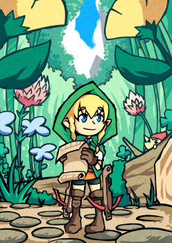 1girl 1other black_shorts blonde_hair blue_eyes blue_flower blue_sky boots bow_(weapon) braid brown_boots closed_mouth cloud commentary crossbow day english_commentary eyelashes flower full_body grass hat holding holding_paper hood hood_up hyrule_warriors linkle log mini_person minigirl minish moss nintendo outdoors paper pointy_ears red_flower red_hat setz shorts sky smile solo_focus standing the_legend_of_zelda the_legend_of_zelda:_the_minish_cap twin_braids weapon yellow_flower