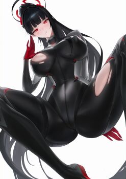Rule 34 | 1girl, absurdres, areola slip, belt, black belt, black bodysuit, black hair, black halo, blue archive, bodysuit, breasts, breasts apart, bright pupils, buckle, cameltoe, commentary request, covered erect nipples, from below, halo, hand on own chest, headgear, highres, impossible bodysuit, impossible clothes, large breasts, latex, latex bodysuit, long hair, looking at viewer, looking down, official alternate costume, official alternate hairstyle, parted lips, ponytail, red eyes, ringed eyes, rio (armed) (blue archive), rio (blue archive), simple background, skin tight, solo, thigh belt, thigh strap, torn bodysuit, torn clothes, very long hair, vilkichan, white background, white pupils
