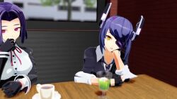 1boy 2girls 3d animated assertive_female barefoot breasts cafe censored diner eyepatch feet finger_to_mouth fingerless_gloves flim13 footjob footjob_under_table gloves halo indoors interior kantai_collection looking_at_viewer mechanical_halo medium_breasts mosaic_censoring multiple_girls penis pink_eyes pov purple_hair restaurant shoes short_hair shushing siblings sisters sitting stealth_footjob table tagme tatsuta_(kancolle) tenryuu_(kancolle) toes unworn_shoes video yellow_eyes