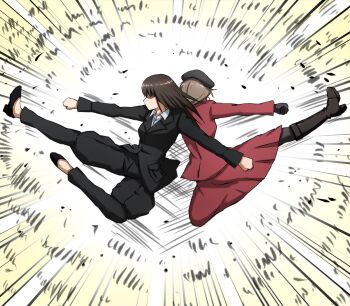 2girls black_jacket black_shoes black_suit boots breasts brown_boots brown_gloves clenched_hand fighting_stance flying_kick formal_clothes full_body girls_und_panzer gloves highres hokuto_no_ken jacket kenshiro kicking large_breasts multiple_girls nishizumi_shiho omachi_(slabco) red_jacket shimada_chiyo shin_(hokuto_no_ken) shirt shoes straight_hair suit white_shirt
