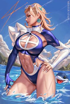 1girl absurdres belly blonde_hair blue_eyes breasts cleavage cleavage_cutout clothing_cutout earrings eyewear_on_head fantastic_four fire highres jeff_(marvel) jewelry johnny_storm large_breasts long_hair marvel marvel_rivals meister_staze navel official_alternate_costume one-piece_swimsuit shark smile sue_storm sue_storm_(azure_shade) sunglasses swimsuit thighs water wet