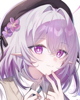 1girl alternate_costume black_hat castorice_(honkai:_star_rail) chinese_commentary chrysos_heirs_school_uniform closed_mouth commentary_request flower hair_between_eyes hair_flower hair_intakes hair_ornament hands_up hat highres honkai:_star_rail honkai_(series) long_hair looking_at_viewer pointy_ears portrait purple_eyes purple_hair school_uniform smile solo zixi