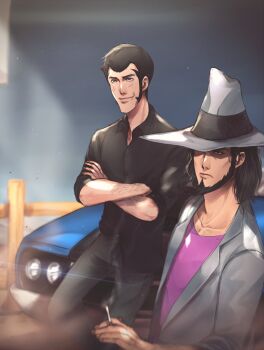 2boys absurdres arm_hair arsene_lupin_iii artist_name artist_request black_eyes black_hair black_shirt blue_car car cigarette closed_mouth crossed_arms facial_hair fedora goatee grey_hat grey_jacket grey_pants hat hat_over_one_eye highres holding holding_cigarette jacket jigen_daisuke long_sleeves lupin_iii male_focus medium_sideburns mine_fujiko_no_uso motor_vehicle multiple_boys night one_eye_covered outdoors pants shirt short_hair sideburns sky smile third-party_source