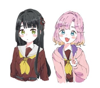 2girls :3 :d alternate_hair_length alternate_hairstyle anyoji_hime black_hair blonde_hair blue_eyes blunt_bangs blush blush_stickers breasts brown_dress closed_mouth colored_tips dress expressionless flower flower_knot gradient_hair green_eyes hair_flower hair_intakes hair_length_switch hair_ornament hasu_no_sora_school_uniform hood hood_down hooded_jacket jacket link!_like!_love_live! long_hair long_sleeves looking_at_viewer love_live! lying medium_breasts medium_hair momose_ginko moso_(expect66) multicolored_hair multiple_girls neckerchief open_clothes open_jacket open_mouth pink_hair pink_jacket sailor_collar sailor_dress school_uniform simple_background smile v virtual_youtuber white_background white_flower white_sailor_collar winter_uniform yellow_neckerchief