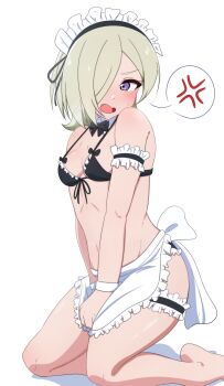 #yukitannpo 1girl absurdres apron armband arms_at_sides bare_shoulders barefoot bikini black_armband black_bow blonde_hair blush bow breasts cleavage commentary_request detached_collar fang frilled_armband frilled_bikini frills front-tie_bikini_top front-tie_top hair_over_one_eye highres kneeling legband looking_at_viewer looking_to_the_side love_live! love_live!_nijigasaki_high_school_idol_club maid maid_apron maid_bikini maid_headdress mia_taylor navel open_mouth purple_eyes short_hair simple_background skin_fang small_breasts solo speech_bubble stomach swimsuit unconventional_maid white_background wrist_cuffs