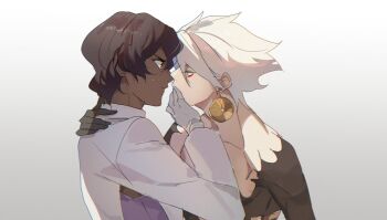 2boys arjuna_(fate) brown_hair closed_mouth commentary_request covering_another&#039;s_mouth dark-skinned_male dark_skin earrings eyeliner fate/grand_order fate_(series) gloves hand_on_another&#039;s_neck hand_over_another&#039;s_mouth highres jewelry karna_(fate) koroponsu3 long_sleeves makeup male_focus multiple_boys upper_body wavy_hair white_gloves white_hair wide-eyed yaoi