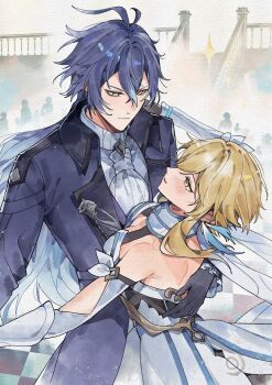 Rule 34 | 1boy, 1girl, absurdres, black coat, black gloves, black hair, black jacket, blonde hair, breasts, closed mouth, coat, commentary, dress, english commentary, flins (genshin impact), flower, genshin impact, gloves, hair between eyes, hair flower, hair ornament, highres, jacket, long hair, long sleeves, lumine (genshin impact), open clothes, open jacket, quinny il, white dress, yellow eyes