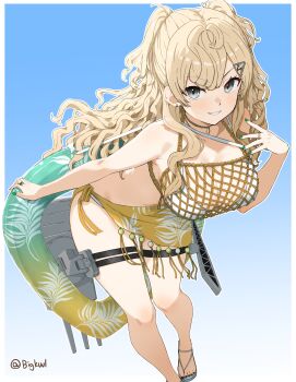 1girl absurdres bigkwl bikini blonde_hair breasts cleavage commentary_request fishnets flip-flops flower gradient_background grey_eyes grin hair_flower hair_ornament highres kantai_collection large_breasts long_hair looking_at_viewer mesh minneapolis_(kancolle) minneapolis_(swimsuit)_(kancolle) navel official_alternate_costume rigging sandals sarong smile solo swimsuit twitter_username two_side_up white_bikini yellow_sarong