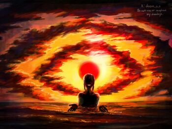 1girl artist_name chainsaw_man cloud cloudy_sky doeun_o_o evil_smile highres in_water makima_(chainsaw_man) medium_hair ocean ringed_eyes shaded_face sidelocks sky smile solo sunset twitter_username