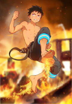 1boy abs bandaid bandaid_on_face barefoot beitemian black_hair black_pants blood blood_on_face blurry blurry_background clenched_hand cuts en&#039;en_no_shouboutai fire full_body highres injury male_focus midair outdoors pants pink_eyes pyrokinesis sanpaku scar sharp_teeth shinra_kusakabe soles solo suspenders_hanging teeth toes topless_male
