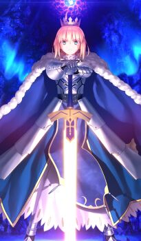 1girl ahoge armor armored_boots armored_dress artoria_pendragon_(fate) blonde_hair blue_background blue_cape blue_dress boots braid cape closed_mouth commentary_request crown dress excalibur_(fate/stay_night) fate/grand_order fate_(series) fur-trimmed_cape fur_trim game_cg gauntlets glowing glowing_sword glowing_weapon green_eyes hands_on_hilt holding holding_sword holding_weapon looking_at_viewer official_art own_hands_together plackart planted planted_sword planted_weapon saber_(fate) short_hair solo sword takeuchi_takashi third-party_source weapon white_background