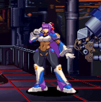 1girl absurdres armor blue_eyes bodysuit breasts capcom curvy faceless faceless_female hair_over_eyes highres large_breasts layer_(mega_man) long_hair mega_man_(series) mega_man_x_(series) navel parted_lips pixel_art purple_hair snk solo tan the_king_of_fighters_&#039;95 thick_thighs thighs toned underboob wide_hips