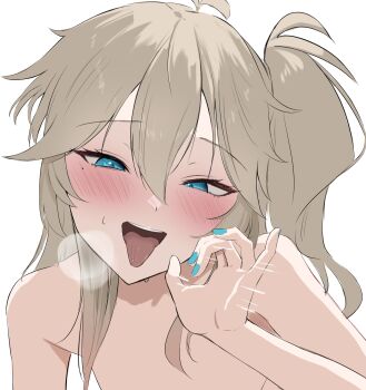 1girl blue_nails blush commentary_request eru_aise fellatio_gesture grey_hair highres kasukabe_tsumugi long_hair looking_at_viewer mole mole_under_eye nail_polish nose_blush nude one_side_up open_mouth paid_reward_available simple_background smile solo tongue tongue_out upper_body voicevox white_background