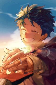 166_172 2boys bakugou_katsuki blue_sky blush boku_no_hero_academia closed_eyes closed_mouth collared_shirt commentary_request facing_viewer floating_neckwear freckles gloves green_hair grin highres jacket jewelry male_focus midoriya_izuku multicolored_gloves multiple_boys multiple_scars necktie out_of_frame pov pov_hands red_jacket ring scar scar_on_face scar_on_hand shirt short_hair sky smile solo_focus superhero_costume two-tone_gloves wedding_ring white_shirt