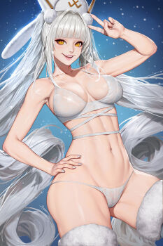 1girl blanc_(nikke) blue_background bra breasts collarbone commentary english_commentary goddess_of_victory:_nikke grey_hair hand_on_own_hip hat highres jacket long_hair looking_at_viewer medium_breasts mixed-language_commentary navel neoartcore open_mouth panties patreon_username smile snowing teeth thai_commentary thighhighs underwear v white_bra white_hat white_jacket white_panties yellow_eyes