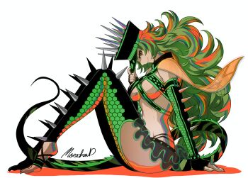 1girl black_gloves breasts closed_mouth clothing_request copyright_notice fingerless_gloves gloves greeana_(wixoss) green_hair green_thighhighs large_breasts long_hair looking_at_viewer moreshan official_art smile solo tail thighhighs toeless_legwear very_long_hair wixoss yellow_eyes