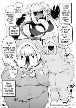 !? ... 1girl absurdres animal_ears bangle black_gloves blunt_bangs bracelet breasts commentary_request cosplay earrings english_text fake_animal_ears fake_tail fat full_body fusa_(starless2323) gloves greyscale highres invisible jewelry kigurumi large_breasts leaning_forward long_hair long_sleeves monochrome multiple_views original pocket polka_dot polka_dot_background short_shorts shorts signature slippers speech_bubble spoken_blush spoken_interrobang standing tail talking thick_thighs thighs two_side_up