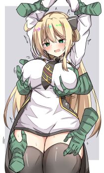 1girl black_thighhighs blonde_hair blush border breasts called_by_the_grave cowboy_shot disembodied_hand dress duel_monster green_eyes grey_background highres kinokohaman large_breasts long_hair molestation necktie simple_background sky_striker_ace_-_raye solo_focus tearing_up thighhighs white_border white_dress yu-gi-oh!