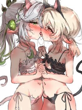 2girls absurdres animal_ears blush cat_ears cat_lingerie cleavage_cutout clothing_cutout french_kiss genshin_impact highres kiss klee_(genshin_impact) loli multiple_girls nahida_(genshin_impact) pointy_ears short_twintails torten twintails yuri