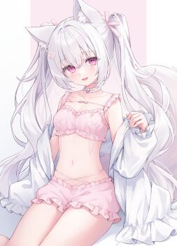 1girl animal_ears bare_shoulders bloomers breasts cat_ears cat_girl cat_tail choker crop_top frilled_choker frilled_shirt frills hand_up highres jacket long_hair long_sleeves looking_at_viewer midriff navel off_shoulder open_clothes open_jacket open_mouth original pink_bloomers pink_eyes pink_shirt shano_hiyori shirt sleeveless sleeveless_shirt small_breasts smile solo stomach tail thighs twintails underwear very_long_hair white_hair white_jacket