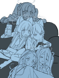 Rule 34 | aris (blue archive), blue archive, closed eyes, controller, couch, food, game controller, gamepad, looking at another, midori (blue archive), momoi (blue archive), monochrome, pocky, school uniform, twitter, white background, yutokamizu, yuuka (blue archive), yuzu (blue archive)