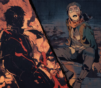 2boys arm_support blood blood_on_clothes blood_on_face boots buttons commentary_request grey_hair grey_pants highres iwamushi jacket long_sleeves looking_up male_focus multiple_boys natsuki_subaru open_clothes open_jacket open_mouth pants pee peeing peeing_self re:zero_kara_hajimeru_isekai_seikatsu scarf shirt sitting split_screen sweat teeth todd_(re:zero)