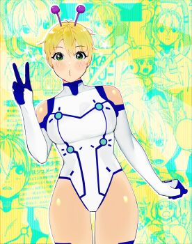 1girl alien antennae bare_shoulders blonde_hair blush breasts closed_mouth commentary cowboy_shot dandadan elbow_gloves english_commentary firemauer gloves green_eyes heattech_leotard highres leaning_to_the_side leotard looking_at_viewer medium_breasts puckered_lips short_hair solo spacesuit star_(symbol) star_in_eye straight-on symbol_in_eye thigh_gap thighs turtleneck v vamola_(dandadan) white_leotard