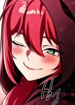 blush cloak closed_mouth green_eyes hair_between_eyes highres hood hood_up hooded_cloak light_blush lortelle_kecheln non-web_source red_hair smile solo the_extra's_academy_survival_guide