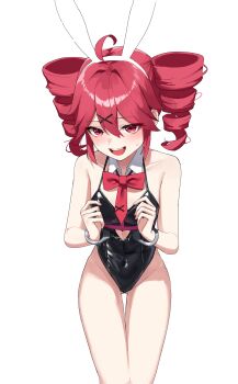 Rule 34 | 1girl, absurdres, ahoge, animal ears, bare shoulders, breasts, cuffs, detached collar, drill hair, handcuffs, highres, hu2924, kasane teto, medium hair, necktie, nervous smile, nervous sweating, playboy bunny, rabbit ears, rabbit hole (vocaloid), red eyes, red hair, red necktie, small breasts, smile, spaghetti strap, sweat, thighs, twin drills, utau