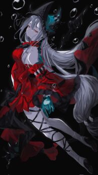 1girl absurdly_long_hair arknights black_background bubble dress floating full_body gloves green_gloves hat highres long_hair nate71762013 red_dress simple_background skadi_(arknights) skadi_the_corrupting_heart_(arknights) solo very_long_hair white_hair