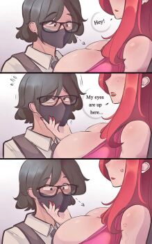 1boy 1girl anger_vein arrow_(symbol) black_eyes black_hair breasts closed_mouth collared_shirt commentary english_commentary english_text ferdinandusdart fingernails flying_sweatdrops glasses hand_on_own_chin hetero huge_breasts lipstick long_hair looking_at_another looking_at_breasts makeup mask meme mouth_mask my_eyes_are_up_here_(meme) nail_polish original parted_lips red_hair red_lips red_nails second-party_source shirt short_hair speech_bubble sweetie_doll_(character) talking white_shirt