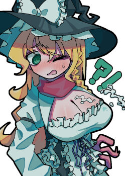 Rule 34 | 1girl, black hat, black skirt, blonde hair, blue ribbon, blush, braid, breasts, cleavage, cleavage cutout, clothing cutout, commentary request, cookie (touhou), frilled hat, frills, green eyes, hat, kirisame marisa, large breasts, long hair, mars (cookie), melanin shikiso, one eye closed, open mouth, red scarf, ribbon, ringed eyes, scarf, shirt, side braid, simple background, single braid, skirt, solo, suggestive fluid, touhou, upper body, white background, white shirt, witch hat