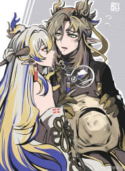 Rule 34 | 1boy, 1girl, arknights, bare shoulders, blonde hair, brown hair, brown horns, brown robe, chinese clothes, chinese commentary, commentary request, dragon girl, dragon horns, earrings, eye contact, face-to-face, flying sweatdrops, grey eyes, grey hair, grey horns, hat, highres, holding, holding clothes, holding hat, horns, jewelry, long hair, looking at another, multicolored hair, off shoulder, open mouth, outline, parted lips, pointy ears, profile, purple hair, purple horns, robe, shu (arknights), sweatdrop, unworn hat, unworn headwear, upper body, watermark, weibo logo, wen zizi-ya, white outline, yellow hat, yellow horns, zhi (arknights)
