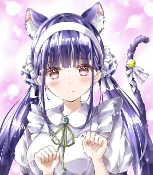 Rule 34 | 1girl, animal ear fluff, animal ears, apron, ayaro (genkiloobaii), bell, blue hair, blunt bangs, blush, cat ears, cat girl, cat tail, closed mouth, commentary, double bun, extra ears, eyelashes, frilled apron, frills, green ribbon, hair bun, hair ribbon, hairband, hands up, heaven burns red, highres, jingle bell, kemonomimi mode, long hair, looking at viewer, low twintails, neck ribbon, paw pose, pink background, red eyes, ribbon, satsuki mari, shirt, sidelocks, simple background, smile, solo, split mouth, tail, tail bell, tail ornament, tail ribbon, twintails, upper body, very long hair, white apron, white hairband, white ribbon, white shirt