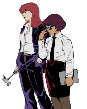 2girls bob_cut book brown_hair closed_mouth commentary cowboy_shot daphne_blake english_commentary formal_clothes freckles glasses hammer hand_in_pocket highres holding holding_book holding_hammer long_hair looking_ahead multiple_girls necktie officeanomaly profile scooby-doo shirt short_hair simple_background skirt suit velma_dinkley white_background white_shirt