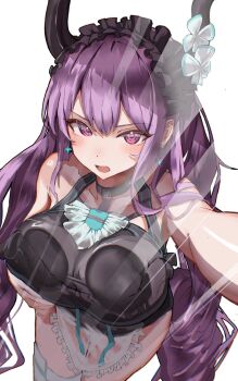 1girl against_glass against_window arknights bare_shoulders black_horns black_one-piece_swimsuit blush breast_press breasts breasts_on_glass commentary_request cowboy_shot curvy earrings flower frilled_hairband frilled_one-piece_swimsuit frills hairband highres horn_flower horns jewelry large_breasts long_hair looking_at_viewer official_alternate_costume one-piece_swimsuit open_mouth petraruruka pink_eyes purple_hair selfie simple_background solo star_(symbol) star_earrings swimsuit thick_thighs thighs typhon_(arknights) typhon_(temperature_difference)_(arknights) very_long_hair white_background