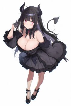 1girl absurdres bare_shoulders black_dress black_hair blush bow breasts choker cleavage comdost demon_girl dress frills gem gloves highres horns large_breasts long_hair looking_at_viewer off-shoulder_dress off_shoulder pink_eyes pleated_skirt puffy_sleeves ribbon_choker skirt smile solo tail white_background