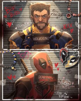 2boys allieeecakess arrow_through_heart artist_name barbie_(franchise) barbie_(live_action) barbie_mugshot_(meme) black_bodysuit blue_gloves bodysuit border broken_heart brown_eyes brown_hair character_name closed_mouth commentary deadpool deadpool_&amp;_wolverine deadpool_(series) english_commentary english_text facial_hair gloves hand_up hands_up heart highres holding holding_sign katana looking_at_viewer marvel meme mugshot multicolored_bodysuit multiple_boys musical_note red_bodysuit short_hair sign superhero_costume sword two-tone_bodysuit upper_body v-shaped_eyebrows watermark weapon weapon_on_back white_border wolverine_(x-men) yellow_bodysuit