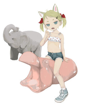 1girl absurdres animal_ears blonde_hair blue_eyes bow crop_top elephant fang food_print fruit_print hair_bow highres hippopotamus midriff ohgnokuni open_mouth original short_shorts short_twintails shorts sitting skin_fang solo straddling strawberry_print twintails white_background