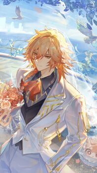 1boy absurdres alternate_costume ascot bird black_shirt black_vest blonde_hair bouquet braid bridal_veil chimera_(honkai:_star_rail) collared_shirt dove facial_tattoo flower gradient_hair hand_in_pocket highres holding holding_bouquet honkai:_star_rail honkai_(series) jacket male_focus medium_hair multicolored_hair mydei_(fig_stew)_(honkai:_star_rail) mydei_(honkai:_star_rail) pants red_ascot red_hair red_tattoo shirt side_braid solo tattoo track_suit veil vest white_jacket white_pants yellow_eyes yuqiu777