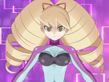 1girl blonde_hair bodysuit bow breasts cleavage drill_hair em_wave_change_(mega_man) green_eyes hair_bow henshin k0n0n long_hair luna_platz_(mega_man) mega_man_(series) mega_man_star_force_(series) mind_control multicolored_bodysuit purple_background queen_ophiuca_(mega_man) twin_drills two-tone_bodysuit very_long_hair