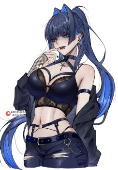 1girl absurdres alternate_costume arm_strap black_jacket black_nails black_pants blue_eyes blue_hair blunt_bangs breasts choker cleavage colored_inner_hair commentary cross cross_earrings denim ear_piercing earrings english_commentary face_piercing fishnet_sleeves fishnets goth_fashion hair_intakes hand_up highres hololive hololive_english jacket jeans jewelry keisea large_breasts lip_piercing long_hair looking_at_viewer makeup mascara midriff mouth_piercing multicolored_hair nail_polish navel navel_piercing off_shoulder ouro_kronii pants parted_lips piercing ponytail sidelocks simple_background solo spiked_ear_piercing torn_clothes torn_jeans torn_pants very_long_hair virtual_youtuber white_background