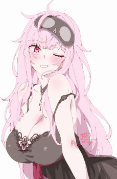 1girl absurdres artist_name bare_shoulders black_choker black_nightgown blush breasts choker cleavage collarbone commentary earrings grin highres hololive hololive_english huge_breasts jewelry kamiya_maneki long_hair looking_at_viewer mori_calliope mori_calliope_(sleepwear) nightgown one_eye_closed pink_eyes pink_hair signature simple_background skull_choker skull_earrings sleep_mask smile solo strap_slip twitter_username virtual_youtuber white_background